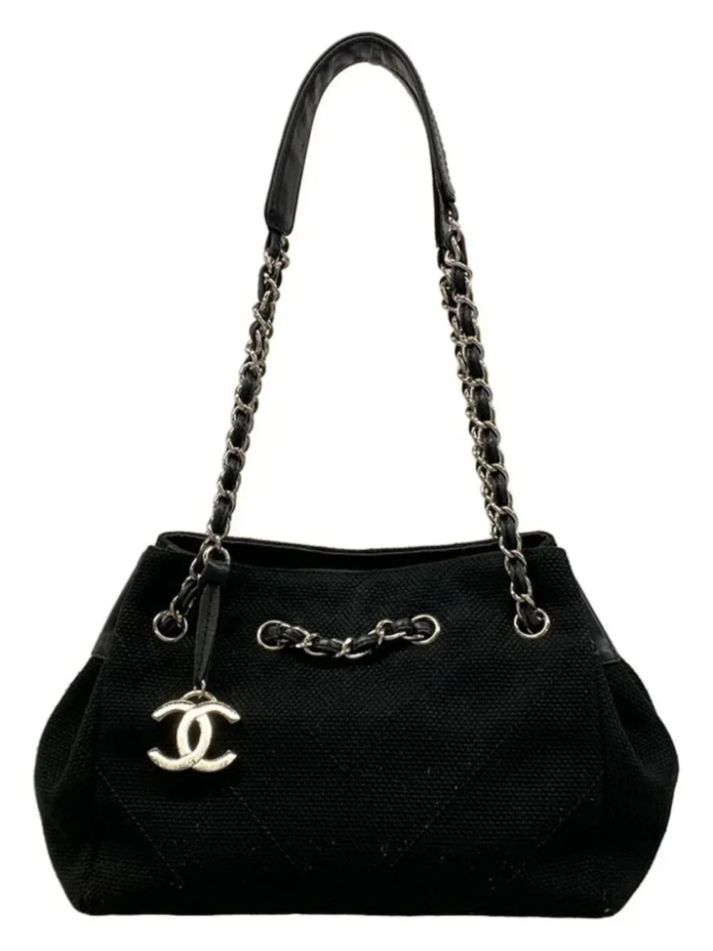 CHANEL V Stitch (Chevron) Black Canvas Lambskin Tote Bag